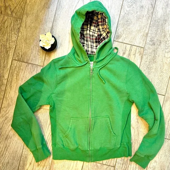California Reflex Green Star Zip Hoodie with Black White Red Plaid Hood Lining - Picture 4 of 8